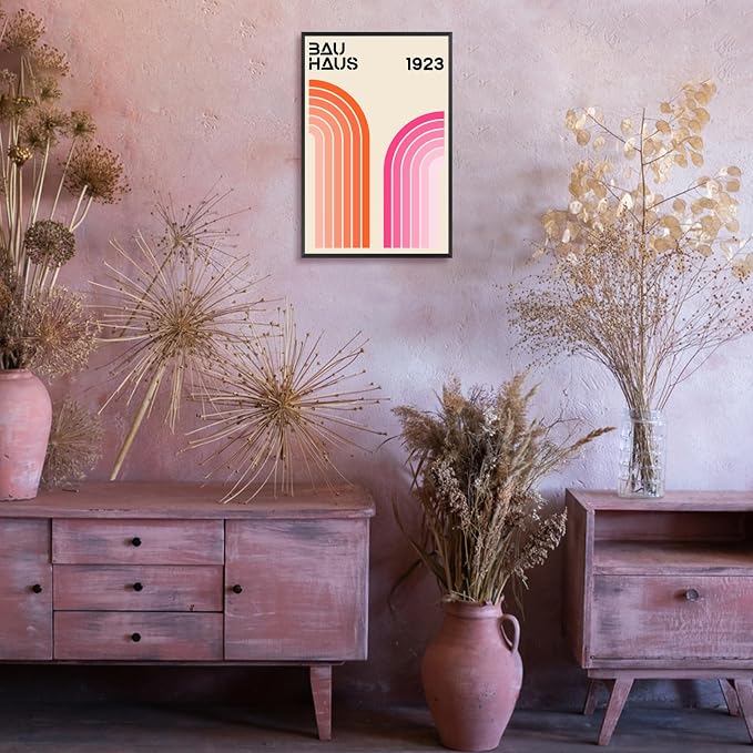 Bau Haus 1923 Retro Geometric Framed Poster Bold Orange And Pink Curved Arcs Canvas Wall Art Minimalist Typography Prints Painting For Home Bedroom Dorm Wall Decor 24x36in Framed