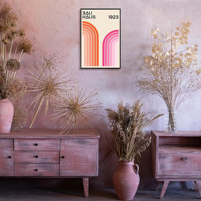 Bau Haus 1923 Retro Geometric Framed Poster Bold Orange And Pink Curved Arcs Canvas Wall Art Minimalist Typography Prints Painting For Home Bedroom Dorm Wall Decor 8x10in Framed