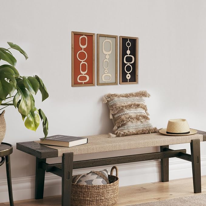 pechpell 3 Set Of Mid Century Modern Wall Art Wooden Framed, Modern Boho 3D Abstract Geometric Mcm Wall Hanging For Living Room, Bedroom, Entryway, Home Office, Earth Tone Minimalist Decor