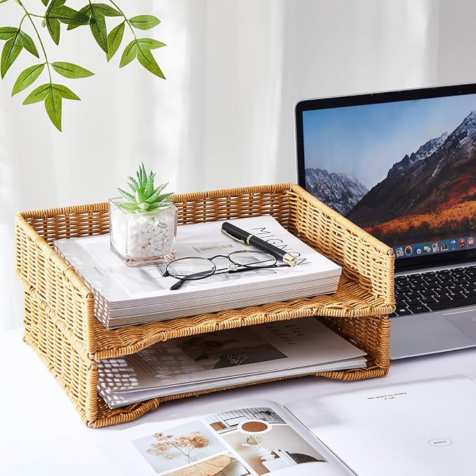 Yeaqee 2 Pcs Paper Tray Organizer for Desk Woven Letter File Organizer A4 File Tray Desk Paper Basket Letter Size Imitation Rattan Holder Organization Rack for Office Storage(Brown,Wheat Ear Pattern)