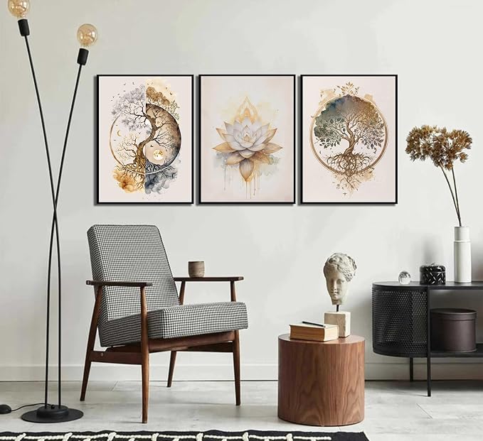 3 Pcs Tree of Life Wall Art Modern Gold Lotus Zen Canvas Wall Decor Abstract Yin Yang Posters Pictures Yoga Meditation Studio Painting Prints For Living Room Hotel Bedroom Home Decoration Unframed