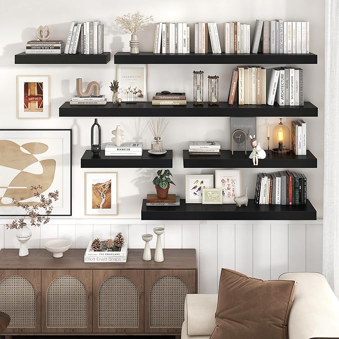 Floating Shelves for Wall, 48" W x 12" D x 2" H, 2 Pack of Long Wall Mounted Engineered Wood Shelves with Invisible Brackets for Living Room, Bedroom, Bathroom, Kitchen Decor, Black