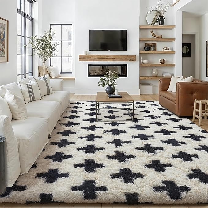 Black and White Rug 6x9 for Living Room, Super Soft Modern Shag Rug Washable Fluffy Rugs Indoor Fuzzy Carpet Non-Slip Fluffy Rugs for Bedroom Home Aesthetic Decor