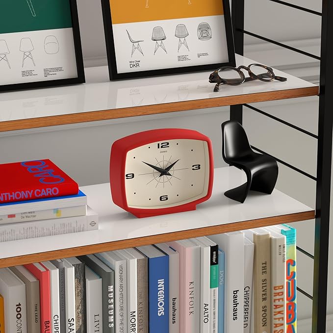 JONES CLOCKS® Film Desk Clock | Retro Rectangular Design | Red | Retro Design, Blending mid Century Style with a Punchy Modern Finish for Shelf, Table, Mantel or Bedside