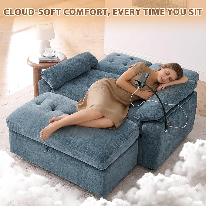 Oversized Chaise Lounge Chair Indoor, Double Convertible Recliner Reading Arm Sofa Chair W/Adjustable Backrest & Charging Port Couch Bed for Living Room, Home Theater & Bedroom, Blue
