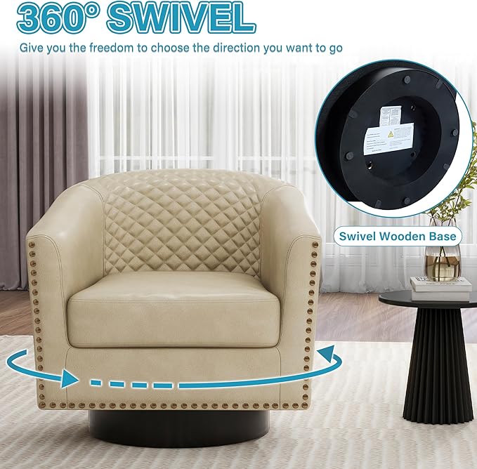 UIXE Faux Leather Swivel Barrel Accent Chair, Upholstered Round Armchair Club Chair for Living Room, Comfy Single Sofa Bedroom Reading Seat - Beige Cream