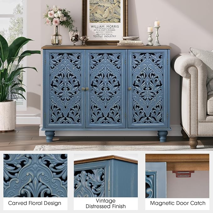 JOINICE Accent Cabinet with 3 Carved Doors, Distressed Sideboard Buffet with Storage & Solid Wood Legs, 43" Vintage Console Table for Living Room,Entryway,Coffee Bar,Hallway(Blue & Walnut)