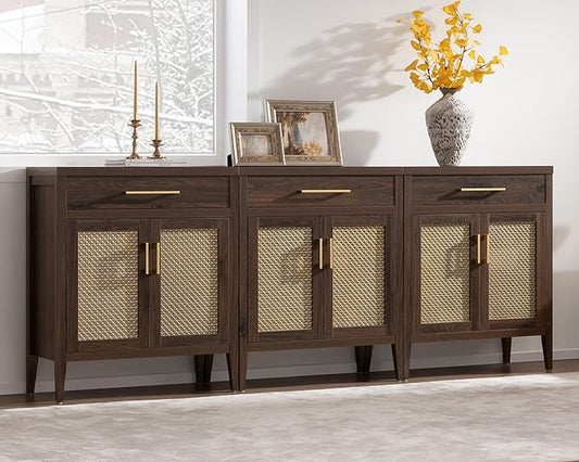 SICOTAS Buffet Cabinet - 90“ Sideboard Cabinet Modern Credenza with Drawers and Metal Mesh Doors, Accent Buffet Table Coffee Bar for Living Room Kitchen Entryway Hallway, Espresso Walnut