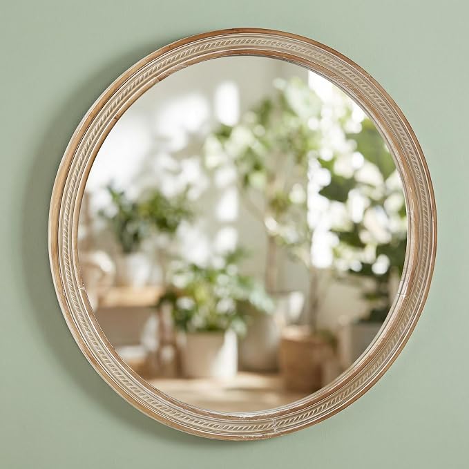 23.62'' Rustic Modern Round Wall Mirror with Rattan Textured & Pre-Installed Hanging, Decorative Mirror with Large Reflective Surface for Bathroom Bedroom Living Room, Natural