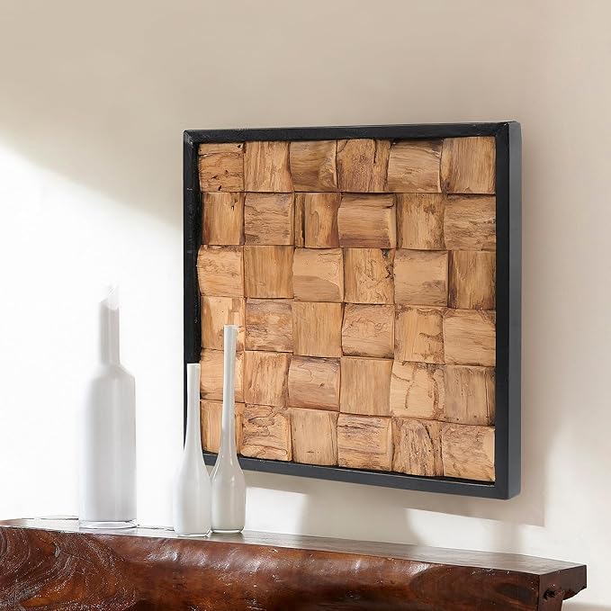 Warmaxx Rustic Teak Wood Wall Art Decor 17''x17 Farmhouse Framed Wall Décor for Home Living Room Bedroom Office Handcrafted Carved Natural Wooden Bricks Square Cube Pattern Christmas Wall Décoration
