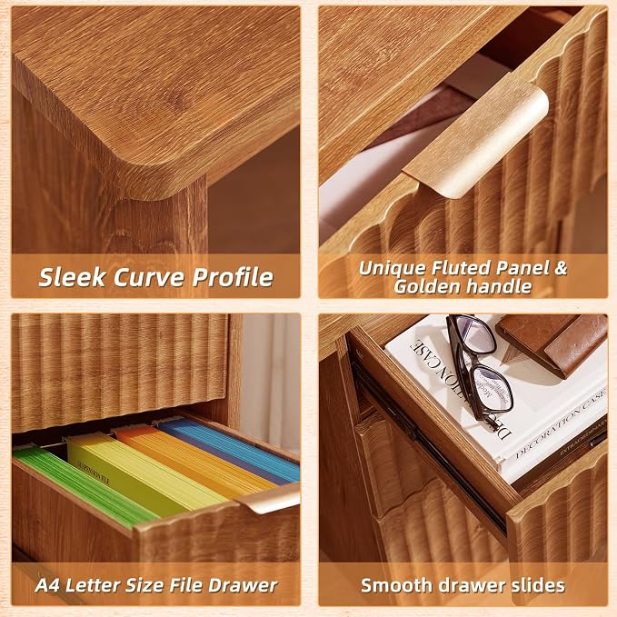 LEYAOYAO Office Desk 48" with 3 Drawers Storage File Cabinet Wood Fluted Desk for Computer Office Bedroom Home Furniture Tea Brown