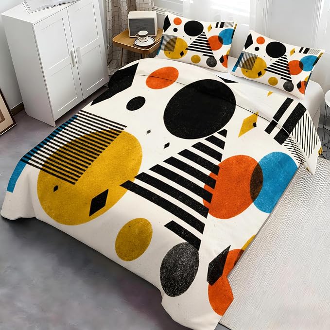 Mid Century Abstract Duvet Cover Full Size, Vintage Geometric Bedding Set 3 Piece, Abstract Minimalist Modern Patterned Comforter Cover with Zipper Soft Microfiber, 2 Pillowcases