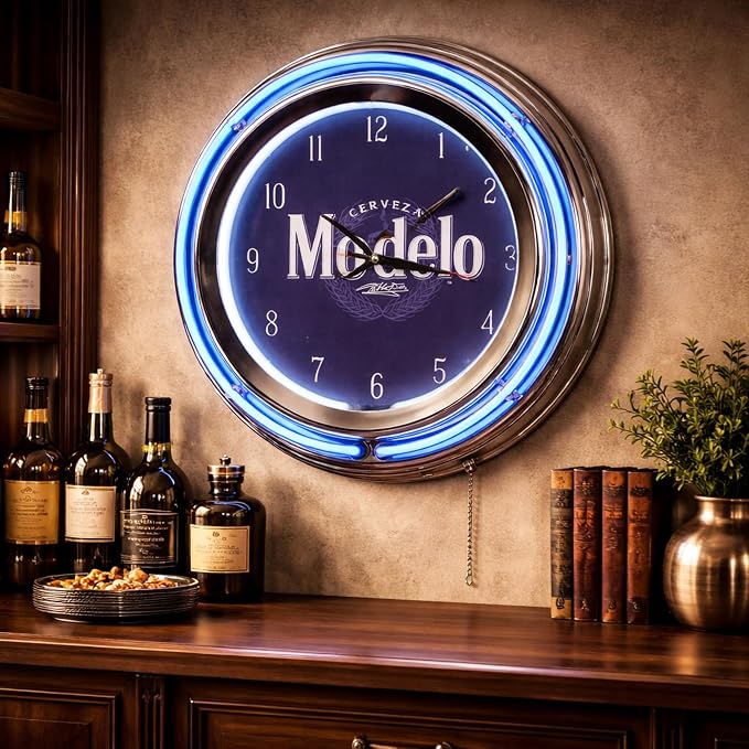 American Art Decor Retro Neon Wall Clock - Round Battery Operated Vintage Analog Clock W/Pull Chain - for Bar, Man Cave, Garage, Arcade, Game Room & More (Modelo, 14.5” x 14.5” x 3.25”)