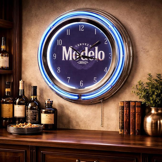 American Art Decor Retro Neon Wall Clock - Round Battery Operated Vintage Analog Clock W/Pull Chain - for Bar, Man Cave, Garage, Arcade, Game Room & More (Modelo, 14.5” x 14.5” x 3.25”)