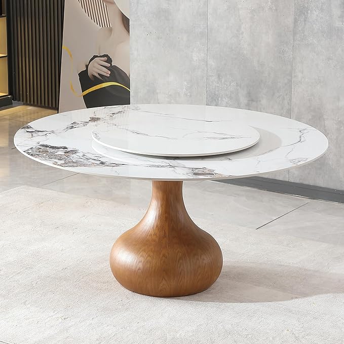 Montary 53” Modern Round Dining Table for 4-6 Seat, Artificial Marble Dining Room Table with Lazy Susan, Vase Shaped Walnut Wood Base, Sintered Stone Top Dining Table (Only Table)