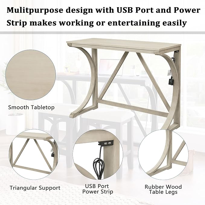VilroCaz Farmhouse 3-Piece Counter Height Dining Table Set with USB Port and 2 Upholstered Stools, Rustic Dining Set Bar Set for Dining Room Kitchen (Cream)
