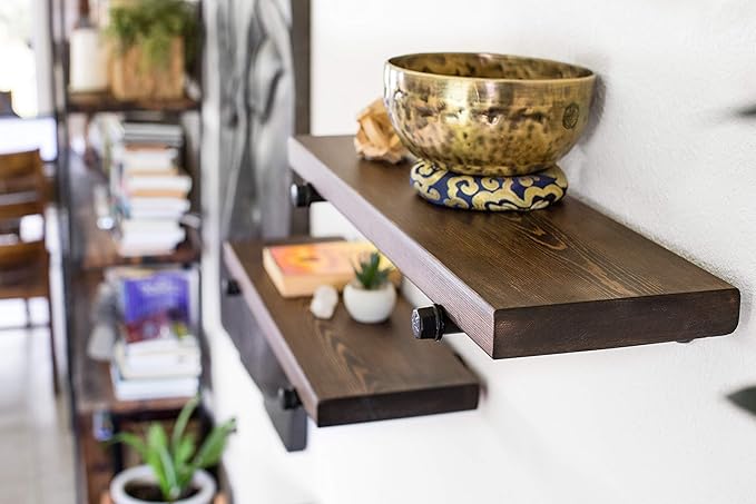 Floating Wall Shelf with Industrial Pipe Brackets, Solid Wood, Rustic Farmhouse Shelf, 24" x 7.5" x 1.5" (2, Dark Walnut)