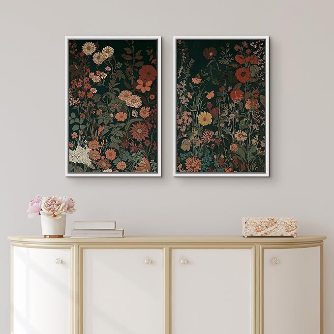 IDEA4WALL Framed Canvas Print Wall Art Set Vintage Wildflower Botanical Dark Green Floral Illustrations Modern Art Decorative Bohemian Calm/Zen for Living Room, Bedroom, Office - 24"x36"x2 White