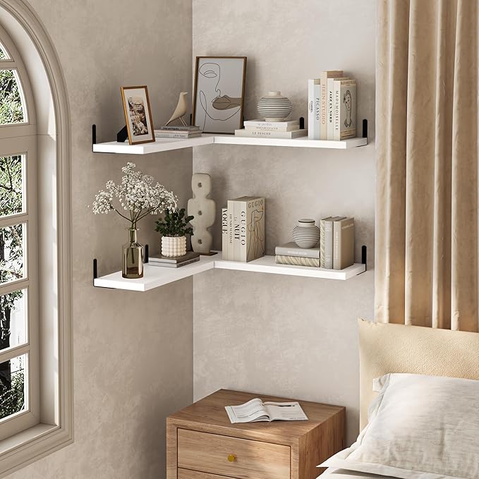 Marsmiles Extra Wide Floating Shelves for Wall, 48x8 Inch Natural Wood Grain Bookshelves, Heavy Duty Mounted Shelving for Bathroom, Kitchen, Living Room, Bedroom,Set of 2，White