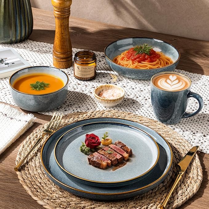 GBHOME Ceramic Dinnerware Sets for 8, 24 Pieces Stoneware Plates and Bowls Sets, Scratch Resistant Dishes, Dishwasher & Microwave Safe, Reactive Glaze-Space Blue