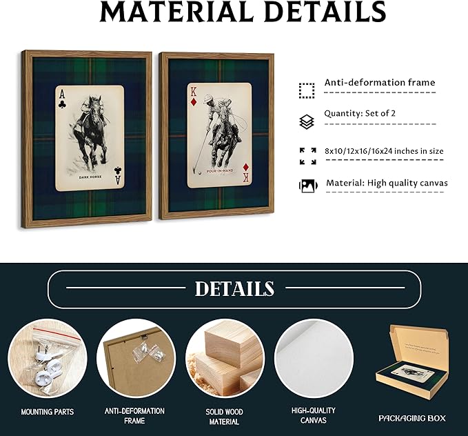 Framed Vintage Playing Card Wall Art Set of 2, Classic Polo Rider and Race Horse Canvas Prints, Retro Equestrian Sketch Poster, Old-Money Sports Wall Decor for Study Home Office Game Room 8x10in