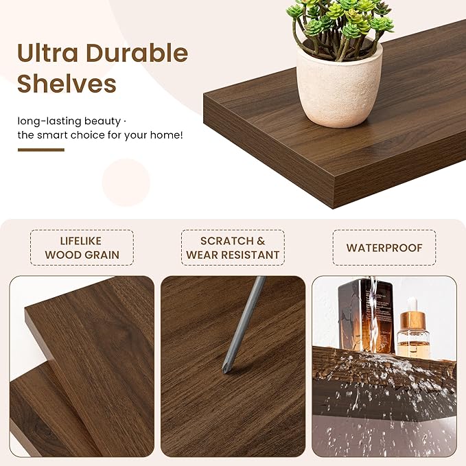 24in Floating Shelves for Wall, 24"W x 9.25"D x 1.25"H, 2 Pack Long Wall Mounted Engineered Wood Shelves with Invisible Brackets for Living Room, Bedroom, Bathroom, Kitchen Decor and Storage, Walnut