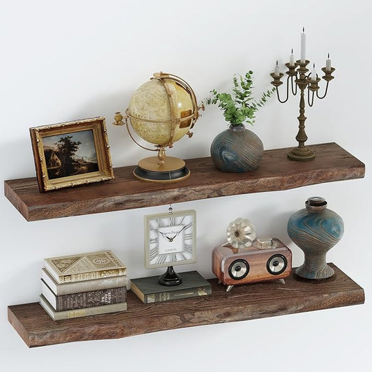 SAUMONIERES Live Edge Floating Shelves for Bedroom Living Room Wall Mounted Storage Long Natural Elm Wood Shelf Large Heavy Duty 8 Inch Deep, 36 inch Set of 2 Walnut Floating Shelves