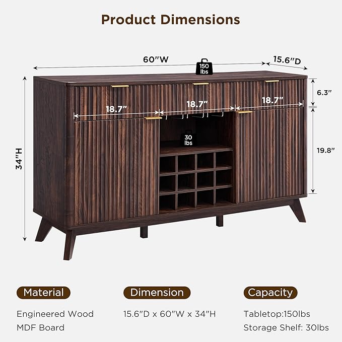 OKD 60" Fluted Wine Bar Cabinet, Modern Wood Coffee Bar Cabinet - 3 Storage Drawers, 2 Side Cabinets with Adjustable Shelf, Racks for Wine & Glass/Mug, Sideboard for Kitchen, Dining Room, Walnut