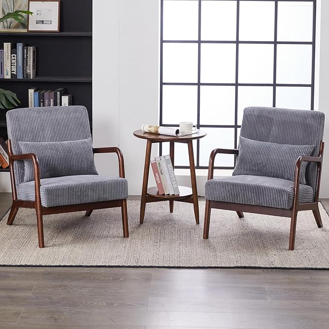 Accent Chairs Set of 2, Mid Century Modern Chair with Pillow, Arm Chair with Solid Wood, Reading Relaxing Leisure Chair for Living Room, Waiting Room, Grey