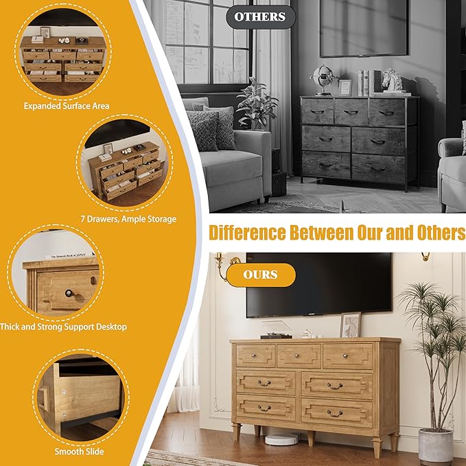 7 Drawer Dresser for Bedroom, 36" Tall Dresser & Chest of Drawers wtih Vintage Surface, Closet Storage Cabinet for Living Room, Hallway, Natural Oak