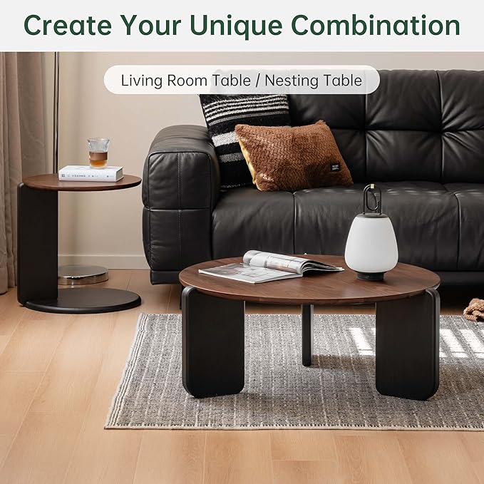 YESWOOD Round Coffee Table, Solid Walnut Wood Top Coffee Table with Oak Legs, Mid Century Morden Living Rooom Table, Small Coffee Table for Bedroom Balcony Living Room (31.34" D x 13.31" H)