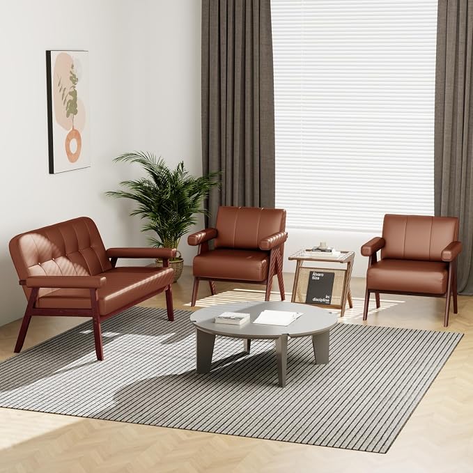 STHOUYN Brown Leather Accent Chairs, Mid Century Modern Chair, Side Arm Chairs for Living Room, Office Guest Waiting Room Lobby Chairs (1, Brown)