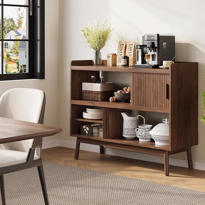 Mid-Century Modern Buffet Sideboard Cabinet with Outlet, 44" Sideboard Buffet Cabinet with Sliding Door & Adjustable Shelves, Fluted Accent Coffee Bar Console Table with Wooden Feet, Walnut