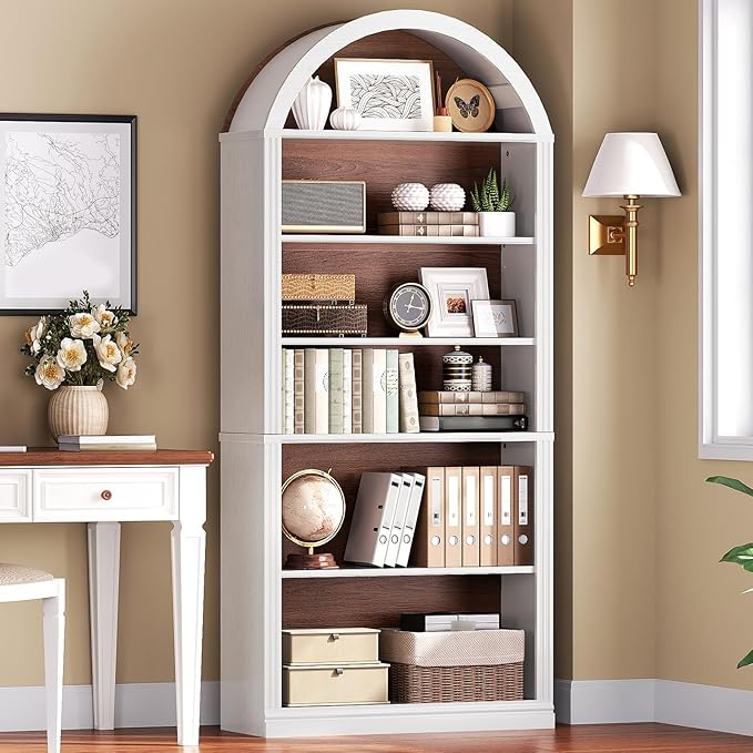 RALGEND Arched Bookshelf, 75.8" Tall Arch Bookcase with Storage, 6-Tier Farmhouse Book Shelf, Arched Cabinet, Wooden Bookshelf with Open Display Shelves, Adjustable Shelf, Office, Walnut and White