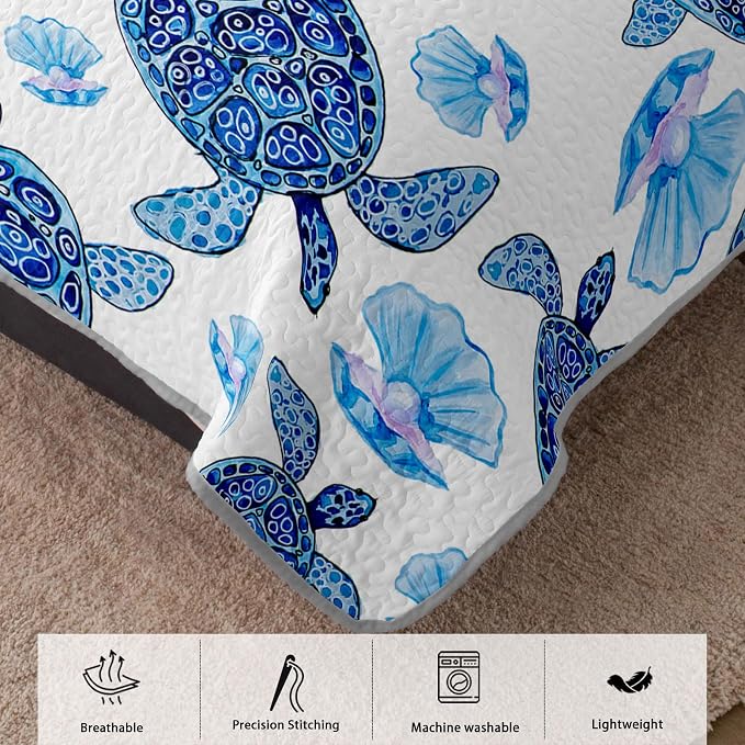 AILONEN Watercolor Sea Turtle Quilt Set Full Size,Beautiful Pearl Shells Bedspread Coverlet - Soft Lightweight 3Pcs - Sea Creatures Print Quilt,2 Pillowcases