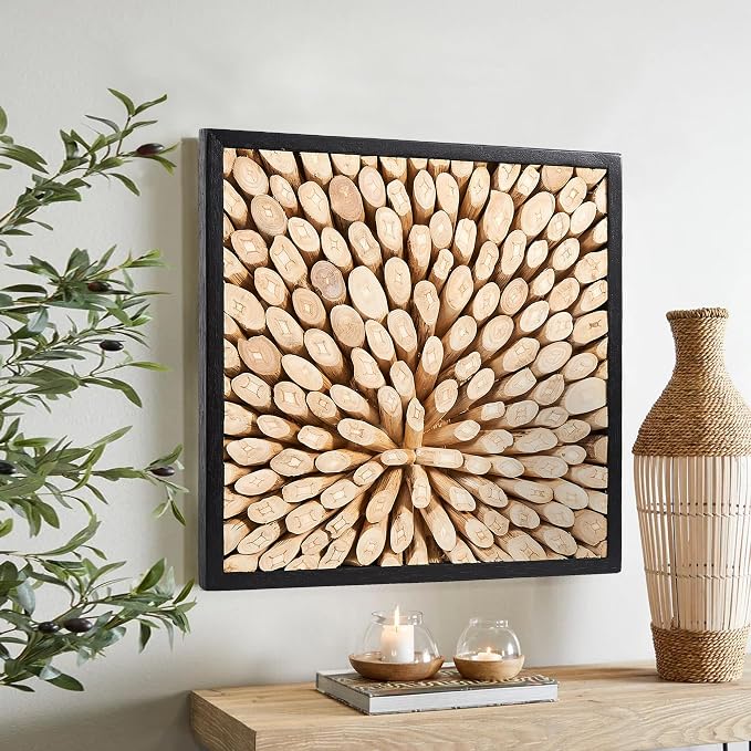 Greenage Reclaimed Teak Wood Wall Decor 17"x17" Farmhouse Branch Pattern Square Wall Art Rustic Wooden Wall Hanging Decoration Frame Wall Panel Shape for Home Living Room Bedroom