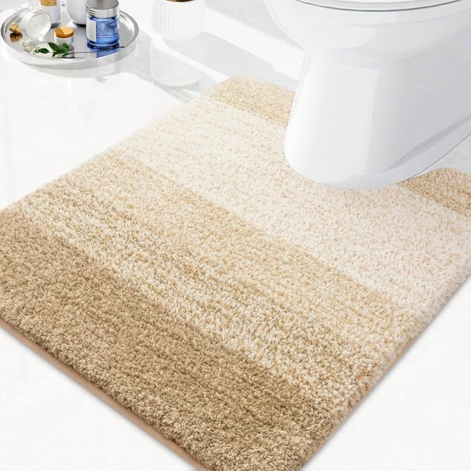 Arotive Microfiber Bathroom Rugs, Shaggy Soft and Absorbent Contour Toilet Rugs, Non-Slip, Thick Plush Machine Washable Dry Bath Mats for Toilet Base, 24x20, Camel, U-Shape