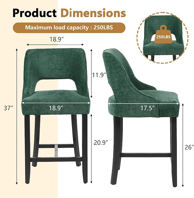 ClinQ Bar Stools Set of 3, 26" H Counter Height Bar Stools with Backs, Modern Upholstered Accent Barstools with H-Shaped Footrest for Kitchen Island, Dining Room and Bar, Green-Black Legs