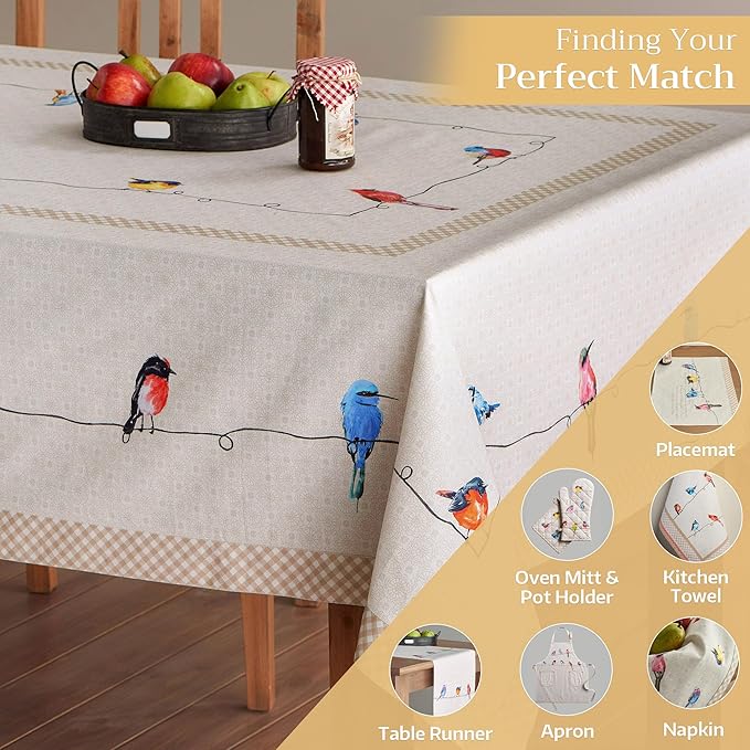 Maison d' Hermine Table Cloth Rectangle Table 100% Cotton 60 x 120 Inches Tablecloth Reusable Decorative for Dining Room Farmhouse Home Valentines Day Decorations Spring Summer - Birdies on Wire