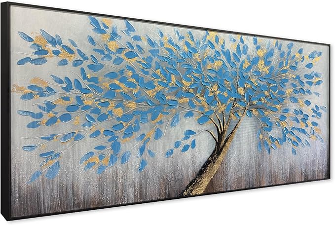 Tree of Life Large Abstract Vintage Blue Framed Canvas Wall Art, Modern Abstract Textured Painting, Large Framed Panoramic Landscape Artwork for Living Room, Bedroom, Office, Home Decor 60"x30"