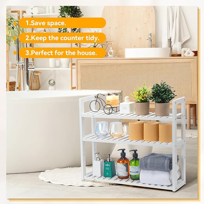Wood Bathroom Shelf, 3-Tier Adjustable Shoes Rack&Plants Rack, Wall-Mounted or Stand for Living Room (White)