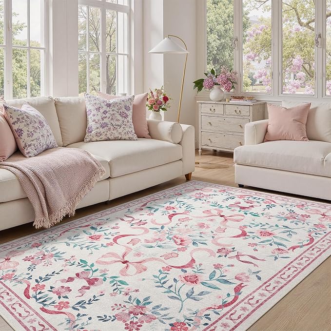 DCX Washable 4x6 Bow Rug, Pink Floral Rug for Girls’ Bedroom, Cute Soft Low Pile Indoor Décor Carpet, Kid & Pet Friendly Nursery Rug for Living Room, Dorm, Playroom