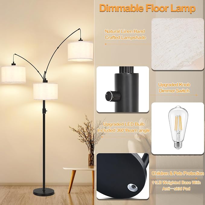 AHDWDW Dimmable Arc Floor Lamp-3 Lights Floor Lamps for Living Room,Modern Tall Standing Lamp with Beige Drum Shades&Heavy Base,Mid Century Tree Floor Lamp for Bedroom Corner Office,Bulbs Included