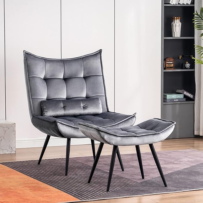 MCombo Accent Chair with Ottoman, Modern Velvet Wingback Lounge Chair, Upholstered Club Chair for Small Space, Living Room & Bedroom 4079 (2, Dark Grey)