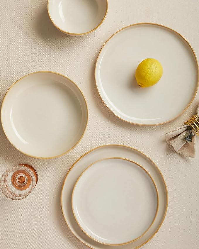 24 Pieces Dinnerware Set for 6 with Pasta Bowls, Complete Ceramic Dish Set, Stackable & Glossy Stoneware Plate and Bowl Set for Effortless Everyday Hosting, Yellow White
