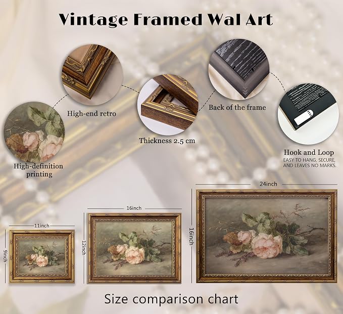 Vintage Gold Framed Flower Still Life Wall Art Retro Rose and Wildflower Wall Decor Pink Floral Print artwork Farmhouse Country Flower painting Picture for Gallery Kitchen Living Room Bedroom 16X24in