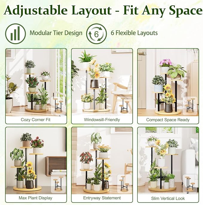 3 Tiers Black Plant Stand Indoor Tall Metal Wood Plant Shelf Outdoor Plant Stands Indoor Plant Table Rack Tiered Plant Stand Garden for Living Room Balcony Patio - RoundLight