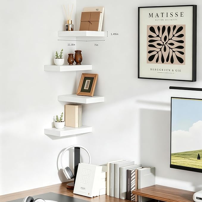 Floating Shelves for Wall, Set of 4 Wooden Wall Mounted Shelves for Bathroom Over Toilet, Bedroom, Kitchen, Living Room & Office, Modern Hanging Storage and Wall Decor, White, 12"x7"x1.5"