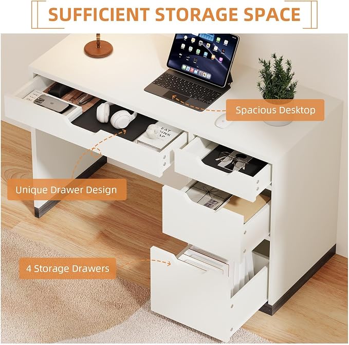 MaverickFurni White Desk with Drawers, 48 Inch Small Computer Desk for Bedroom, Modern Study Writing Desk with 4 Storage Drawers for Teens & Home Office