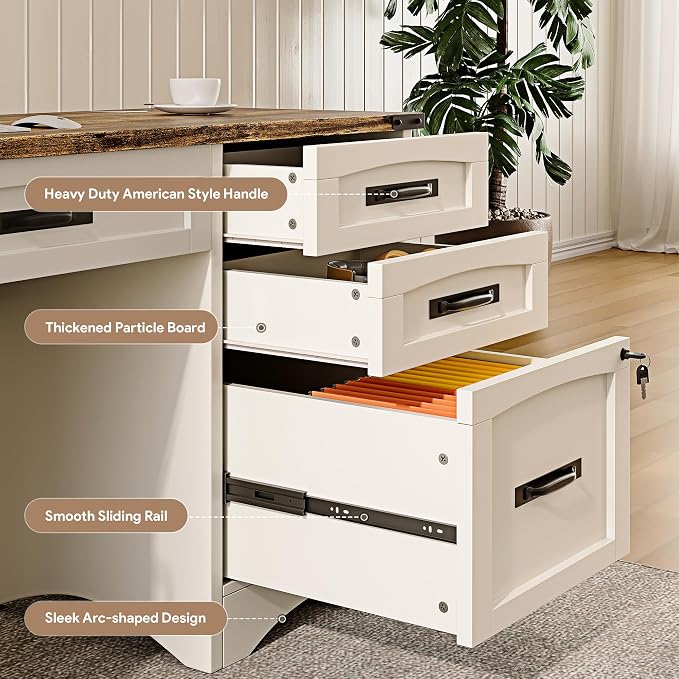 Decofy Farmhouse Executive Desk with Drawers, 55" Home Office Desks with Fast Charging Station, Lockable File Cabinet, Wood Writing Computer Desk for Work, Study, White